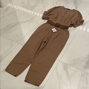 Zara Tan Button-Up Jumpsuit with Belt
